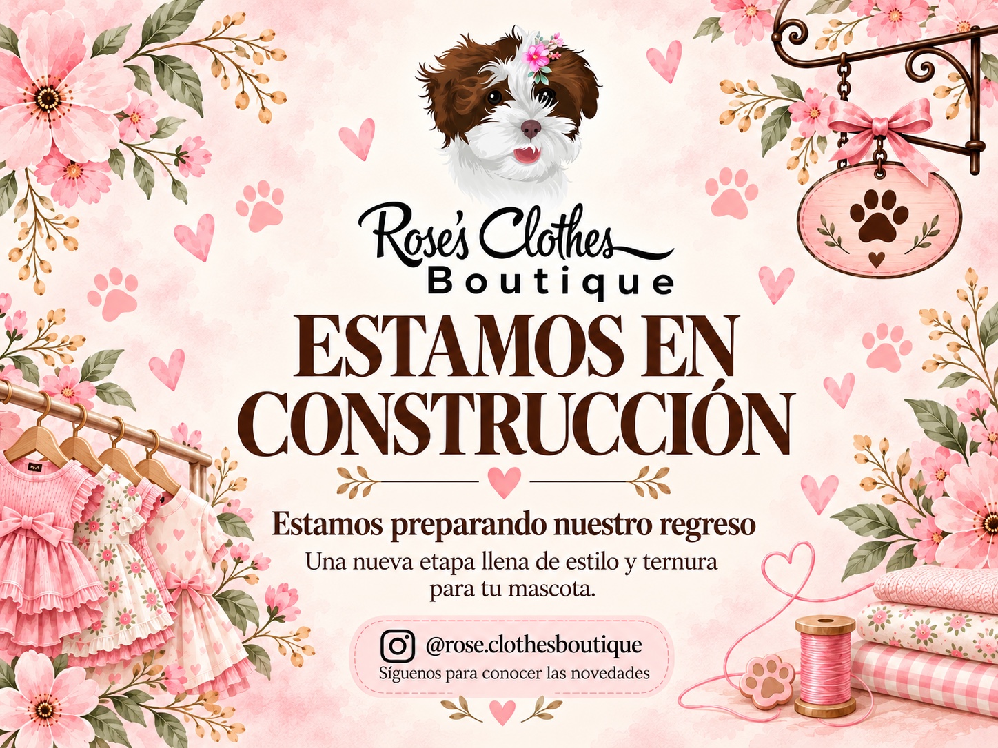 Arte floral de Rose’s Clothes Boutique con una perrita, ropa para mascotas y el anuncio: estamos en construcción, estamos preparando nuestro regreso.